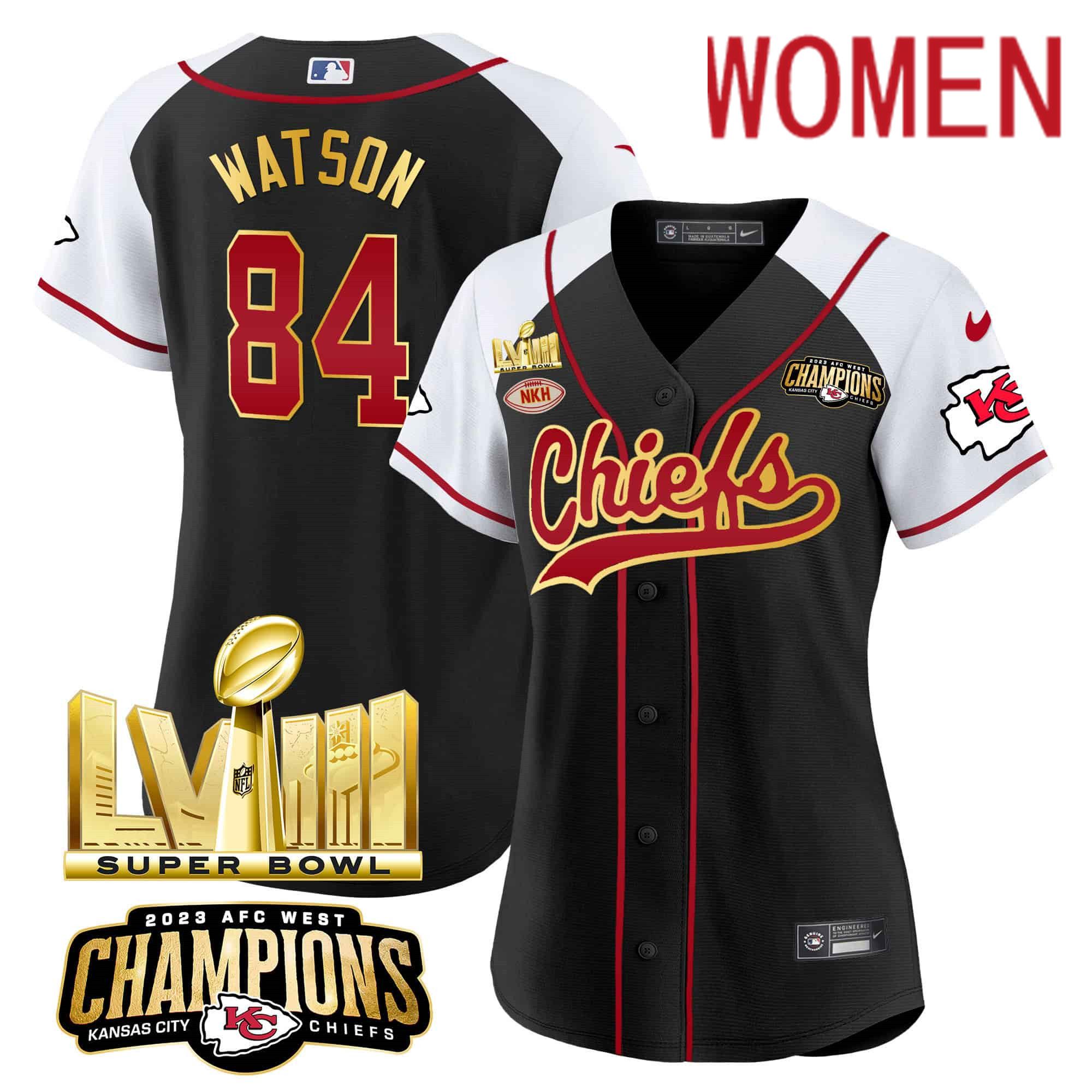 Women Kansas City Chiefs #84 Watson Black 2024 Nike Super Bowl LVIII Back-2-Back Gold Patch Baseball NFL Jersey style 1